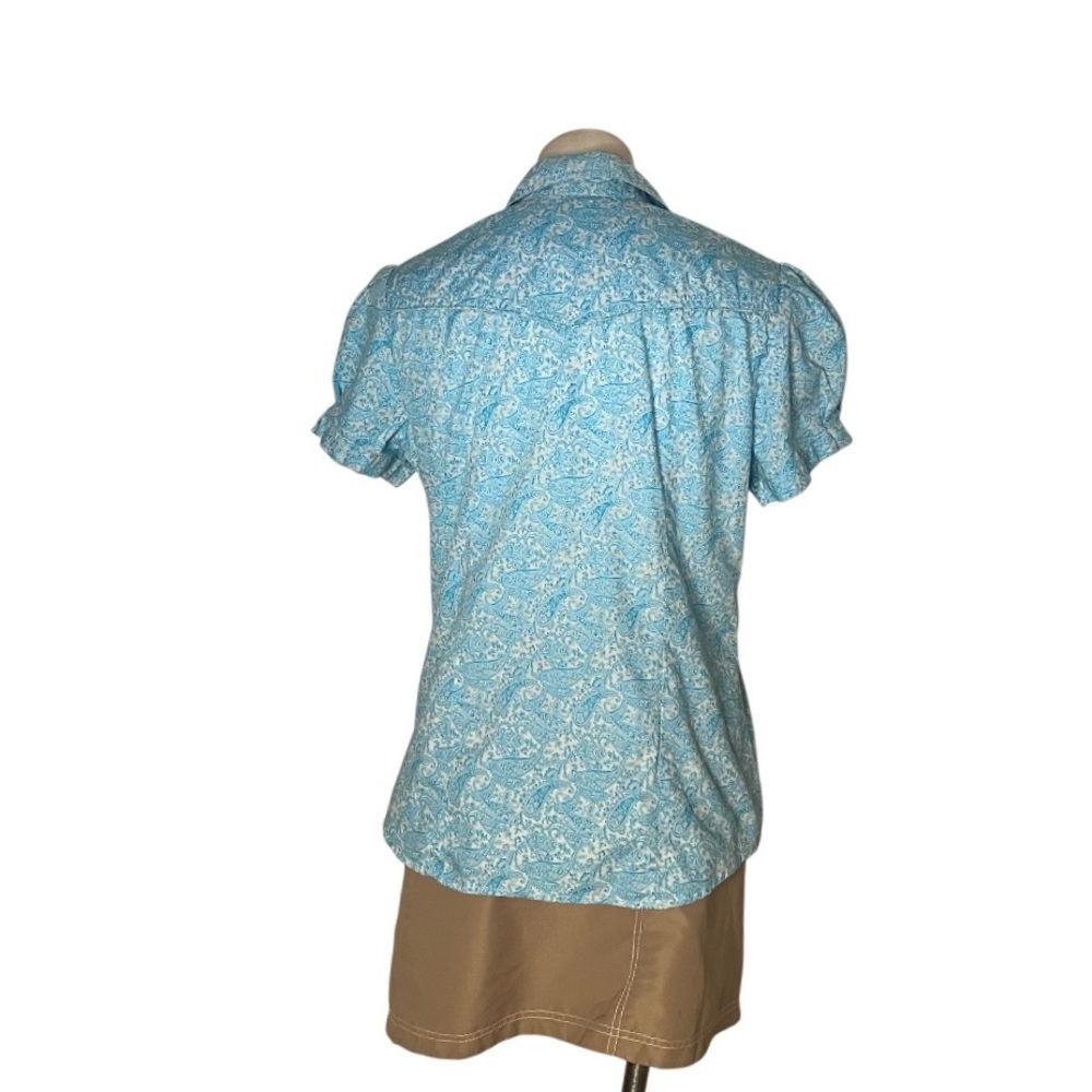 ROPER Blue Western Blouse Pearl Snaps Short Puff Sleeves Paisley Size Large - Picture 3 of 10
